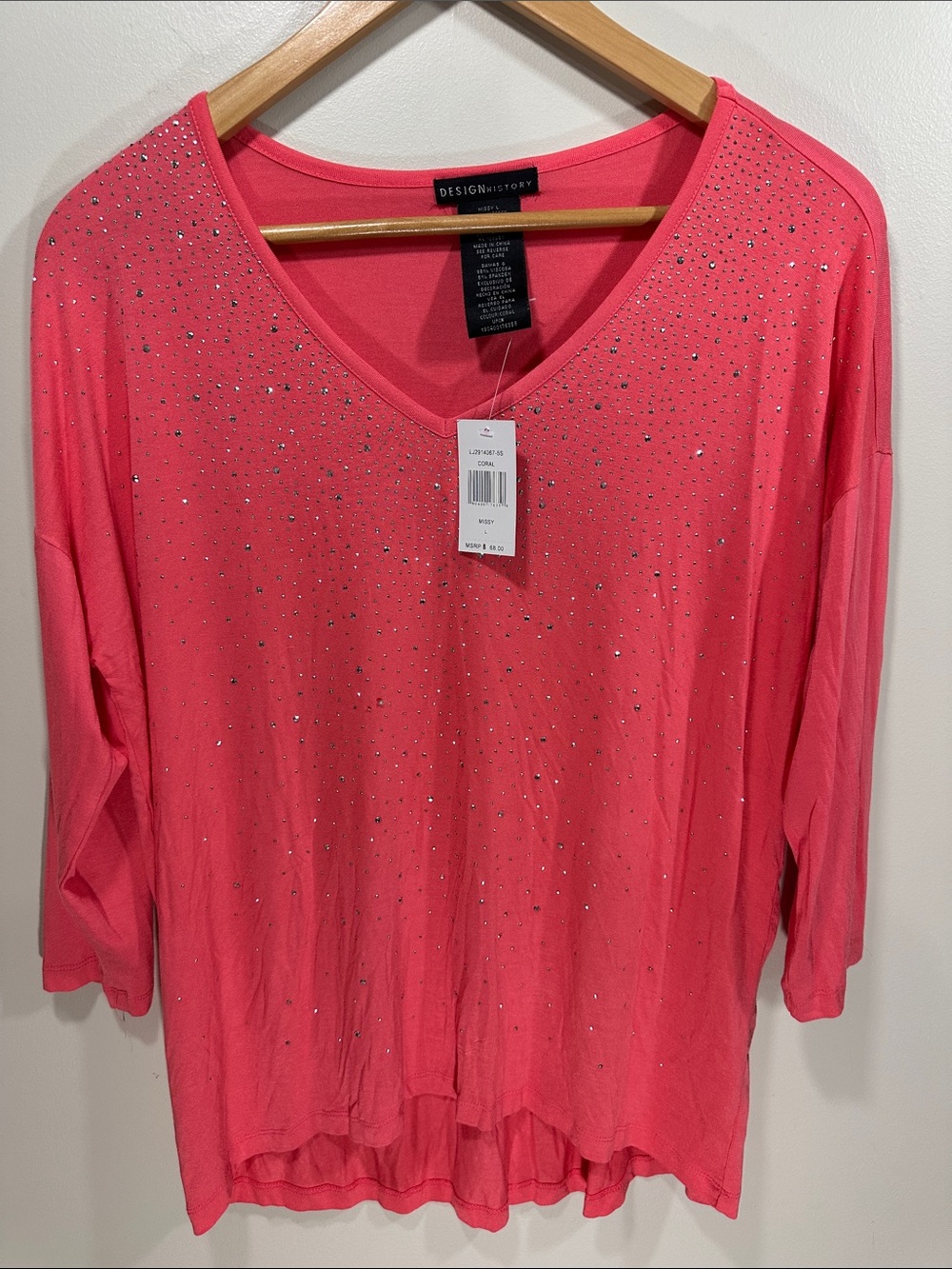 NWT Design History Pink Coral VNeck Long Sleeve Top with Rhinestones Missy Large